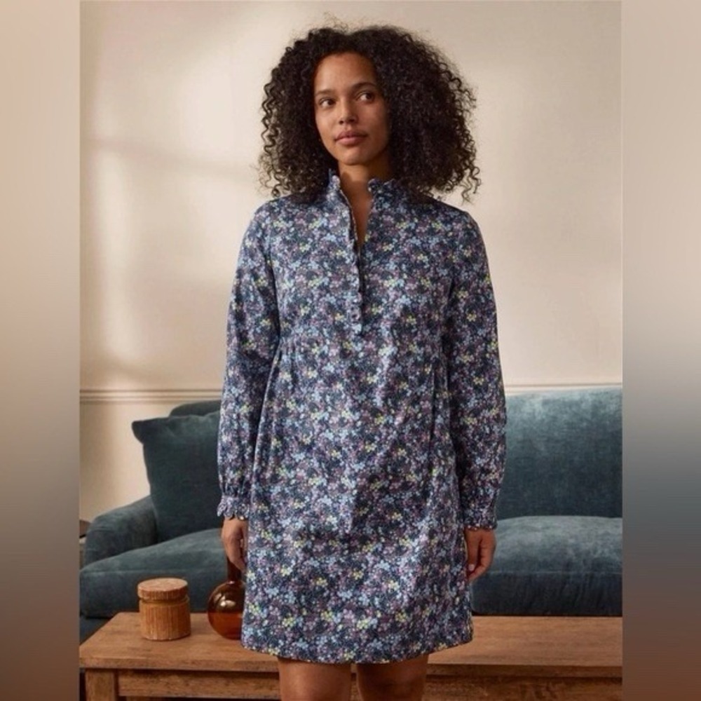 Boden Dolores Shift Dress, Sz 8, Blue w/ Pattern, Scalloped Detail, Cottagecore